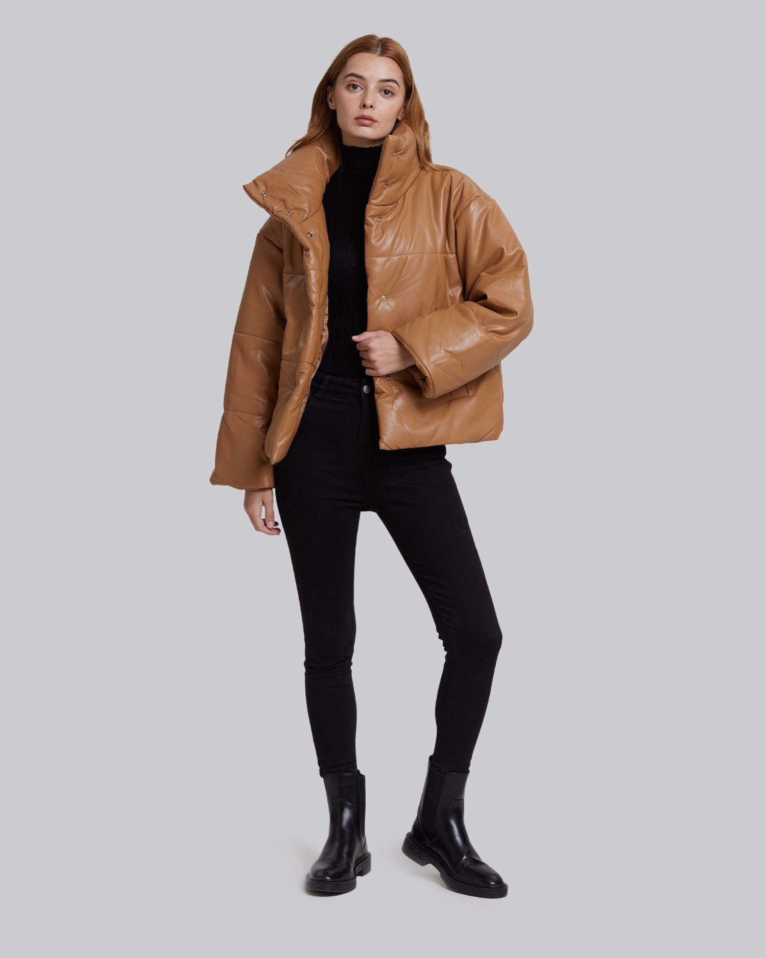 Faux-Leather Puffer Jacket - Camel, M image