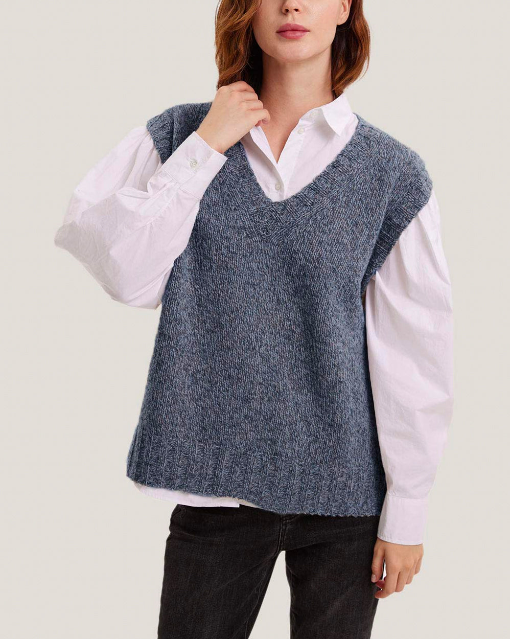V-Neck 100% Wool Sweater Vest - Navy/Grey, XS image