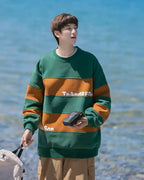 Striped Cotton Crewneck Sweatshirt - DarkGreen, M image