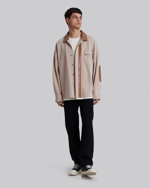 Leather-Like Collar Polo Jacket - Greige, M image