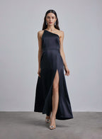 Silk One Shoulder Maxi Dress - Midnight Black, XXS image