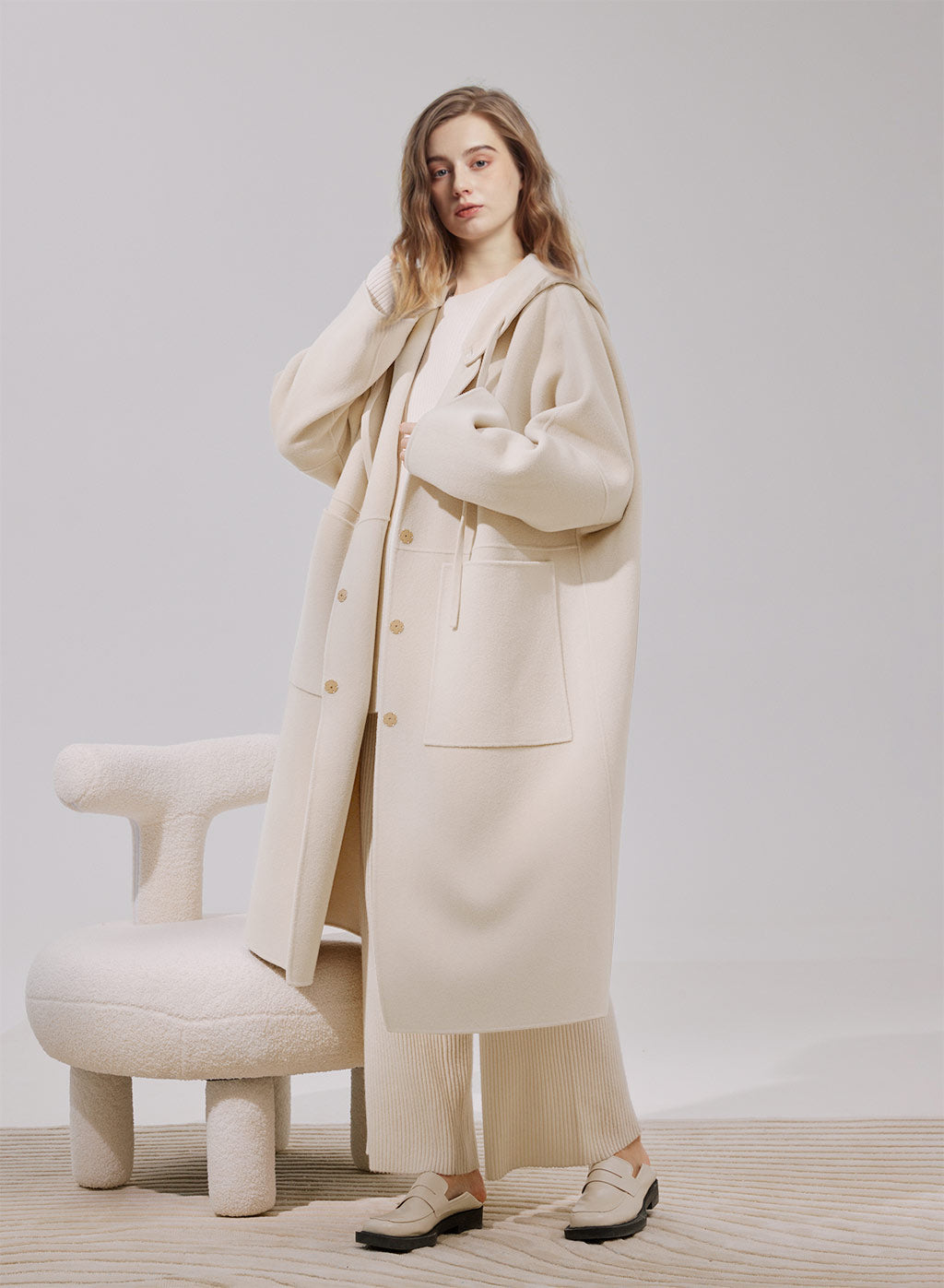 Detachable-Hood Wool Long Coat - Ivory, M image