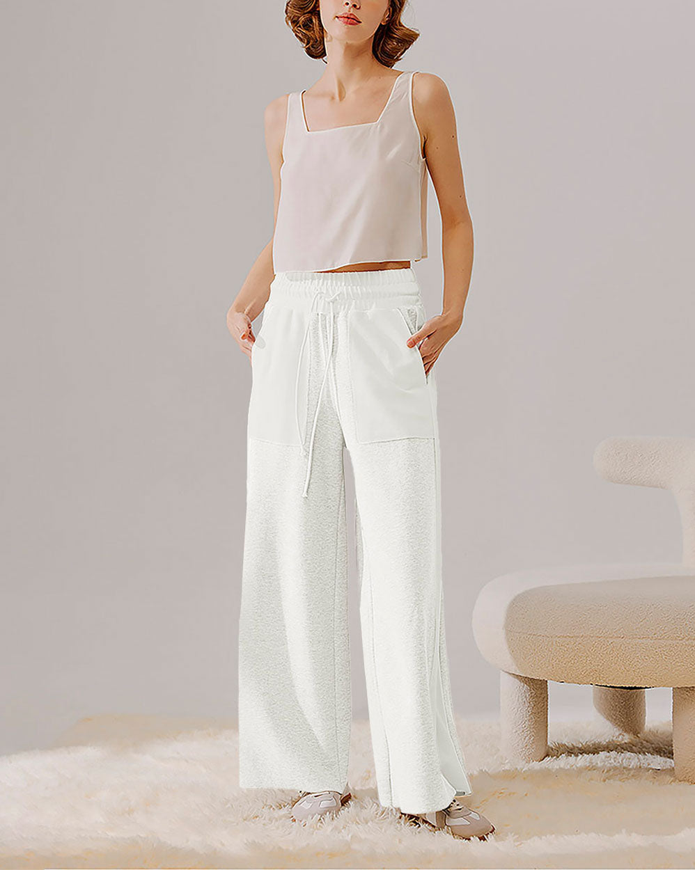 Drawstring Wide Leg Paneled Pants - Blossom Blue, M image