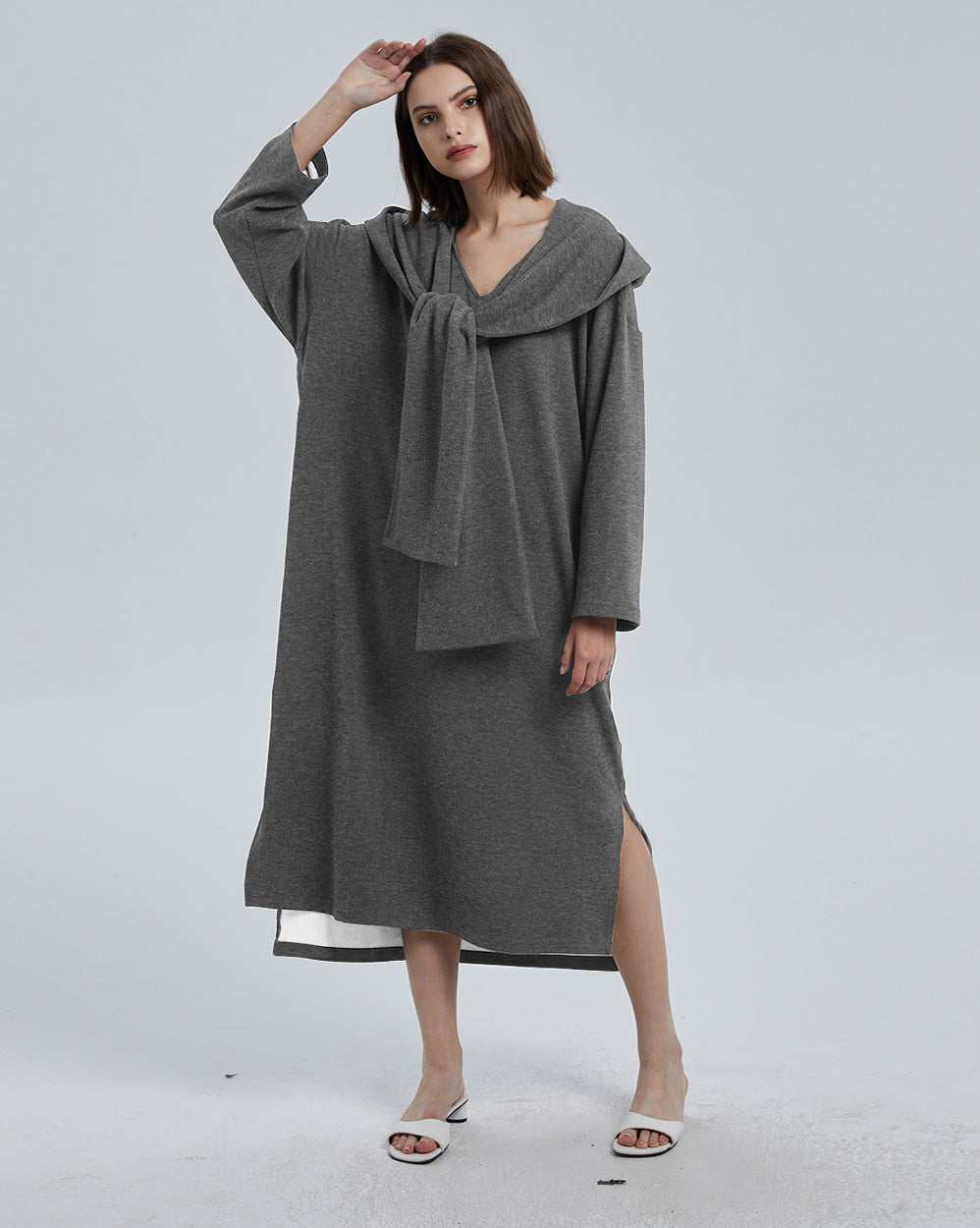 Lounge Dress With Hooded Scarf - Dusty Mint, S image