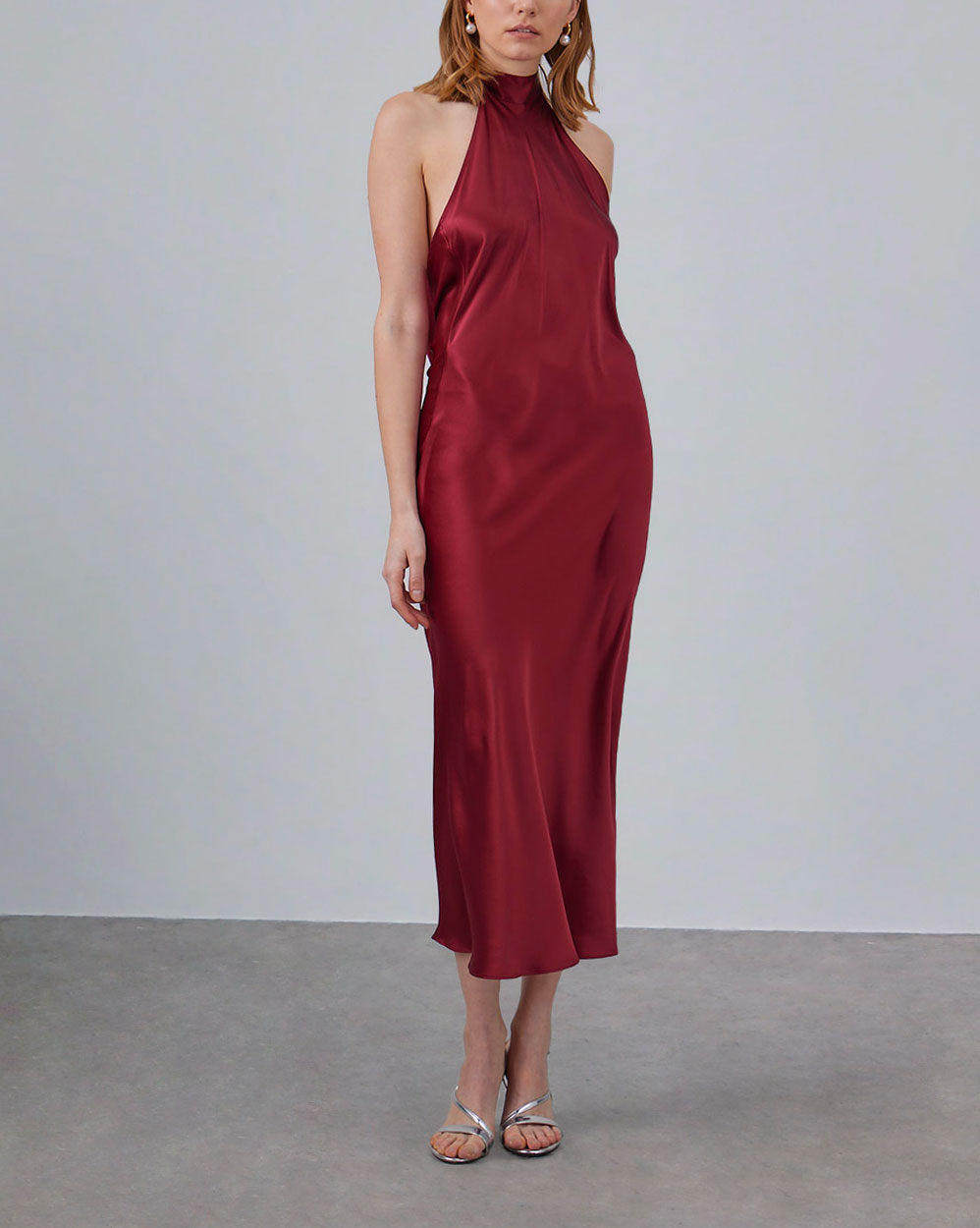 Halterneck Silk Maxi Dress - Burgundy, XL image