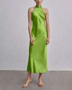Halterneck Silk Maxi Dress - Lime, M image
