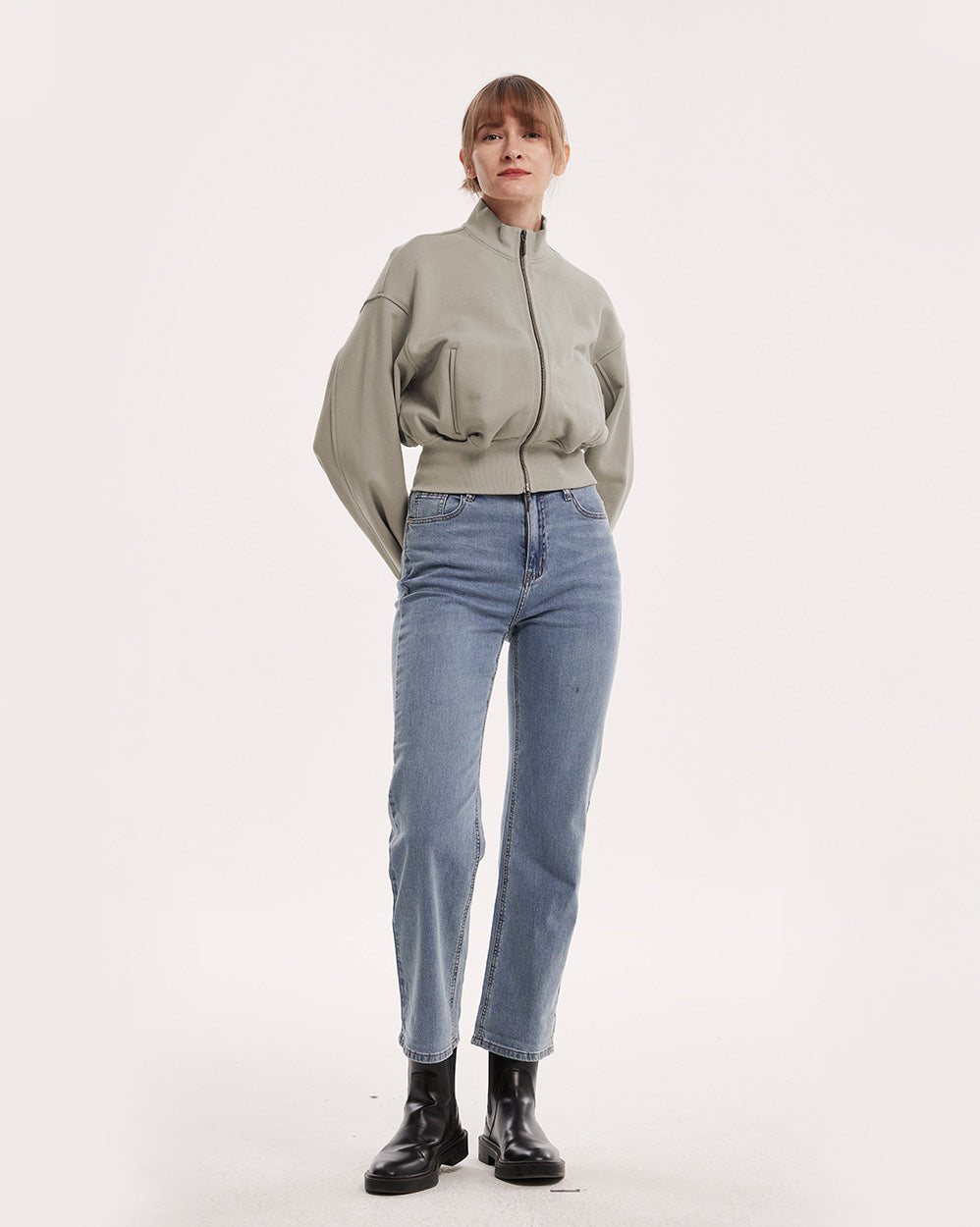 High-Neck Bomber Jacket - Grey Green, S image