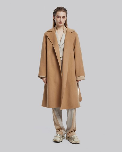 Long Notched Lapel Wrap Coat - Camel, S image