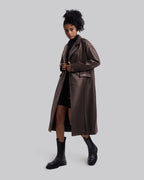 Faux Leather Coat with Pinched Pleats - Brown, L image