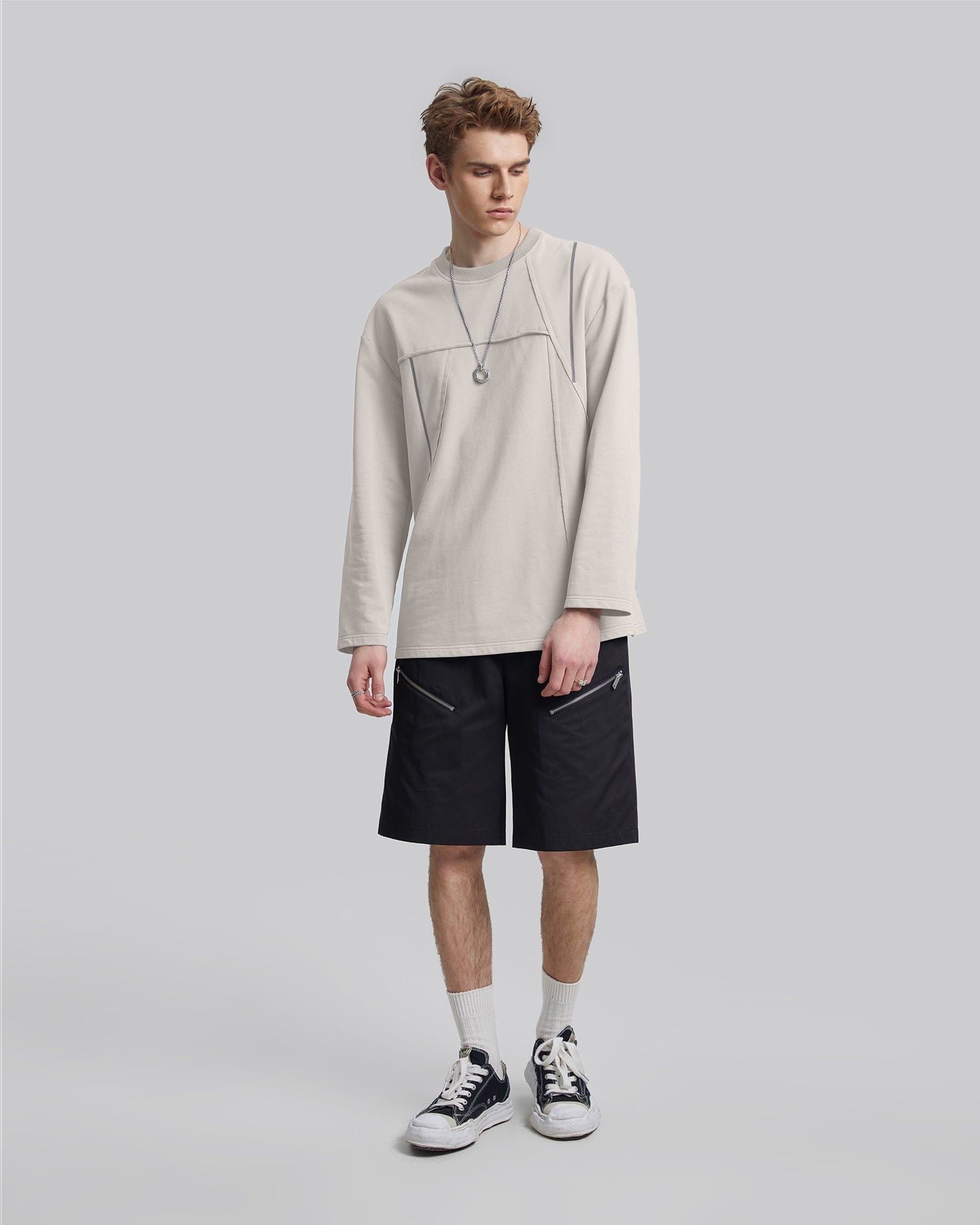 Geometric Seam Crewneck Sweatshirt - Beige, L image