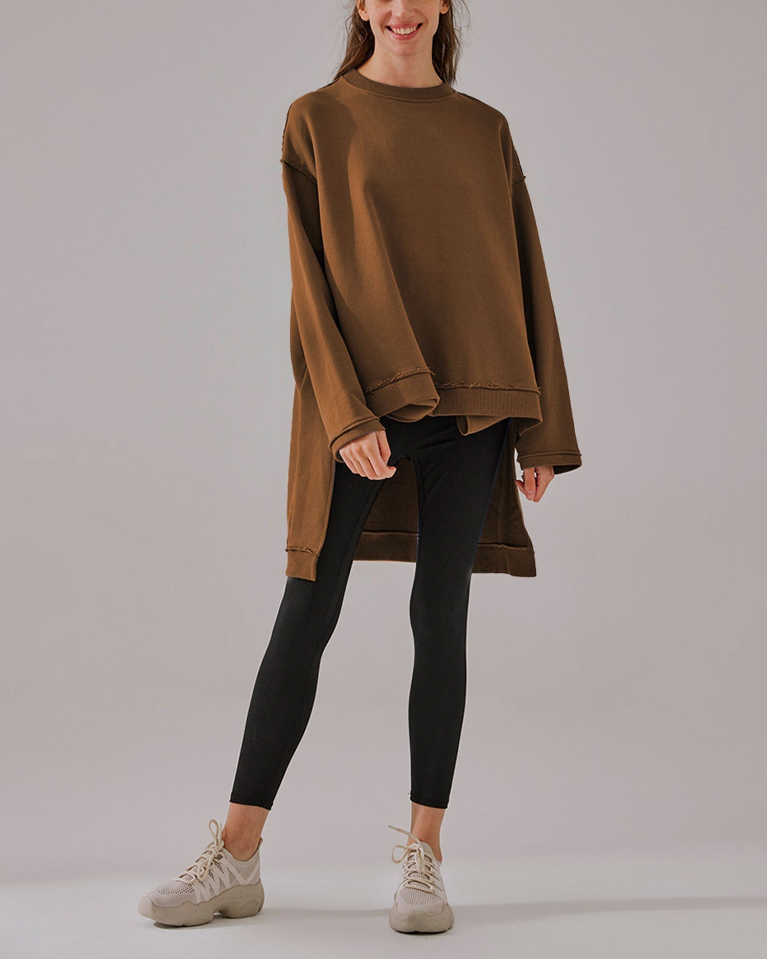 Stepped-Hem Cotton Sweatshirt - Dark Wood, S image