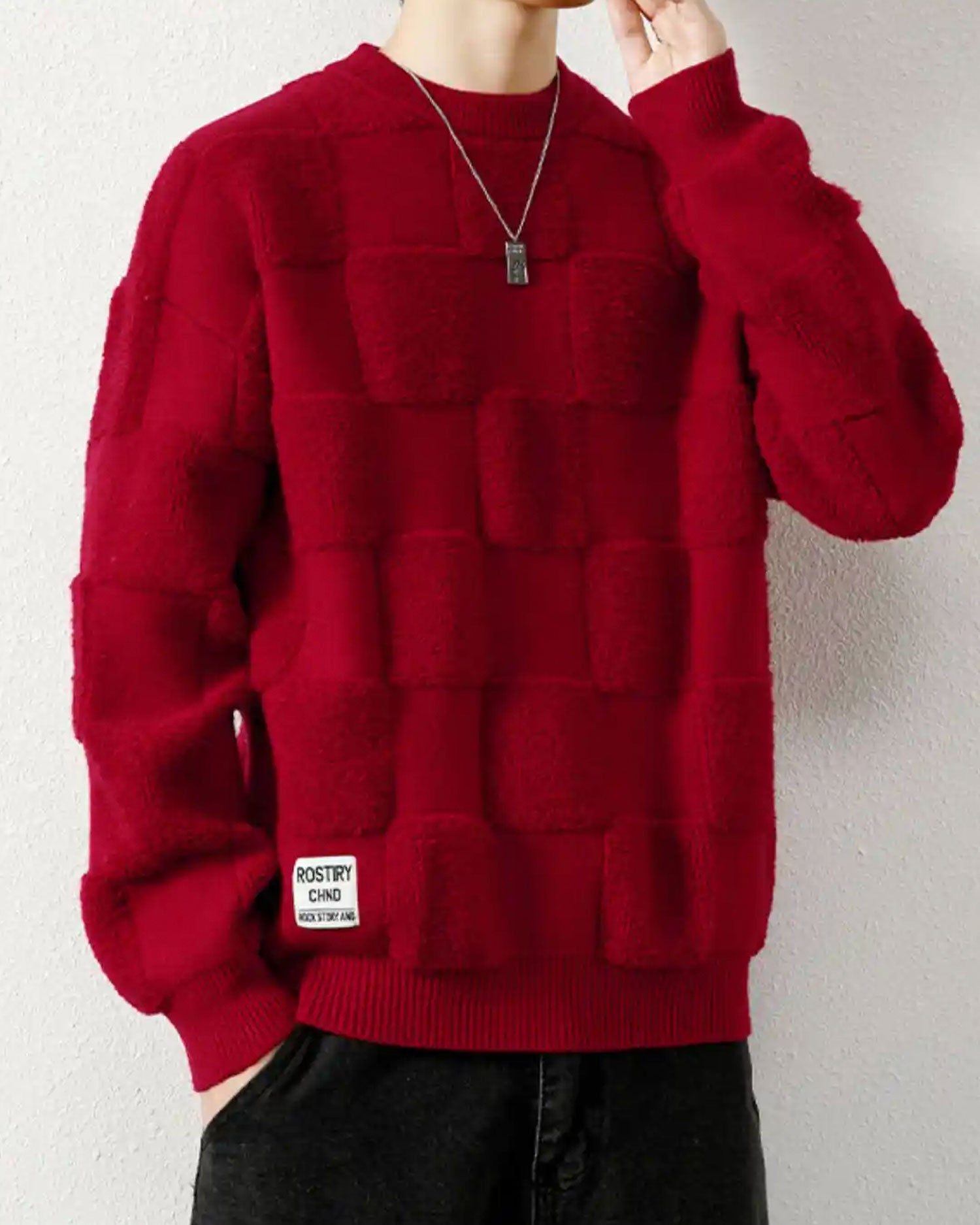 Checked Crewneck Jumper - Burgundy, XXXL image
