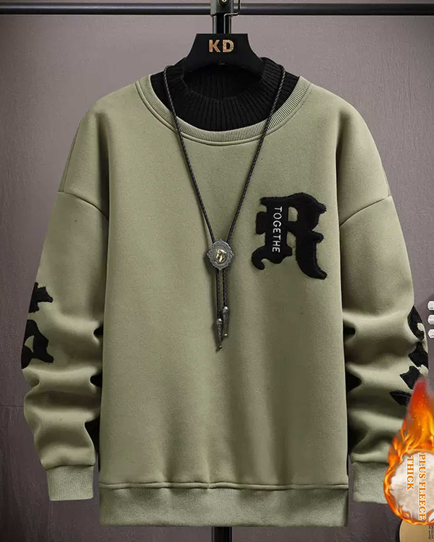 Fleece Lined Cotton Pullover - Green Smoke, M image