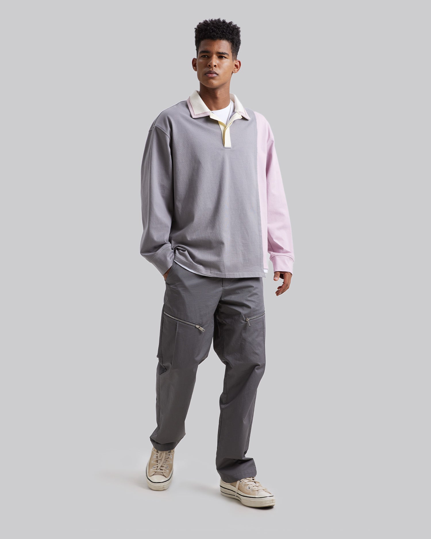 All-Cotton Long-Sleeve Polo - Light Grey&amp; Purple, M image