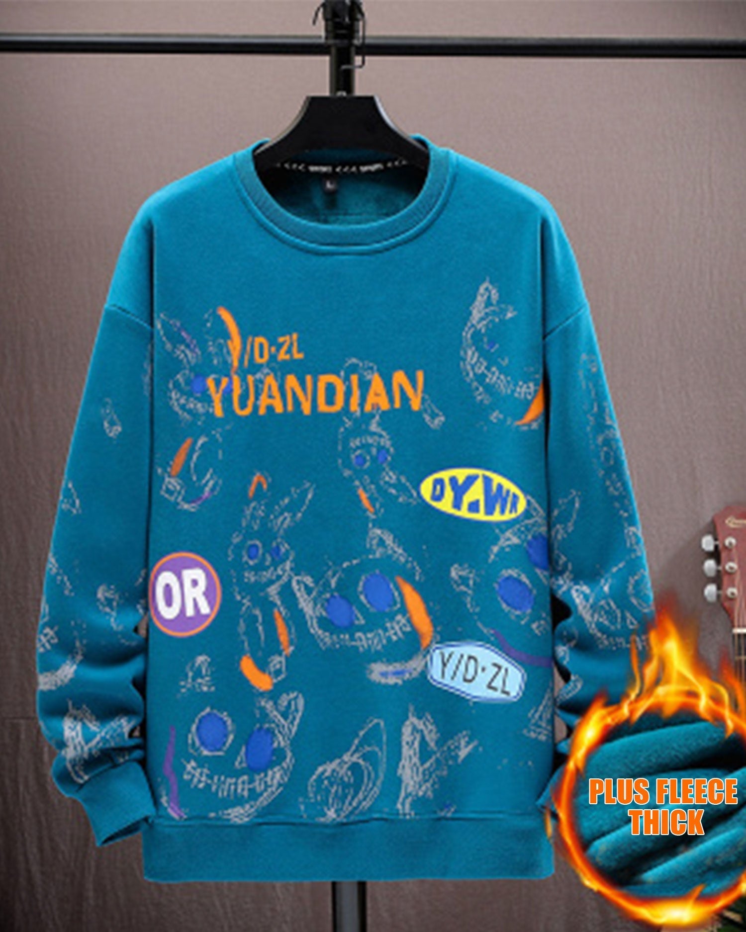 Printed Crewneck Cotton Sweatshirt - Azure, XXL image