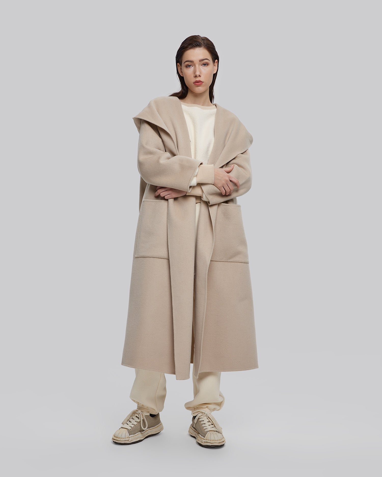 Hooded Long Wool Wrap Coat - Ivory, L image