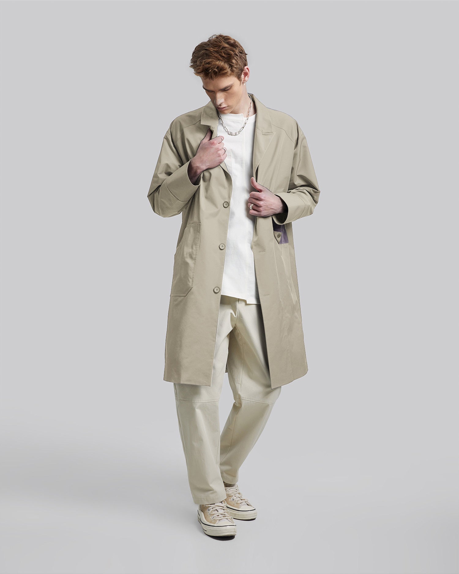 Diamond-Shape Pocket Long Coat - Light Khaki, M image