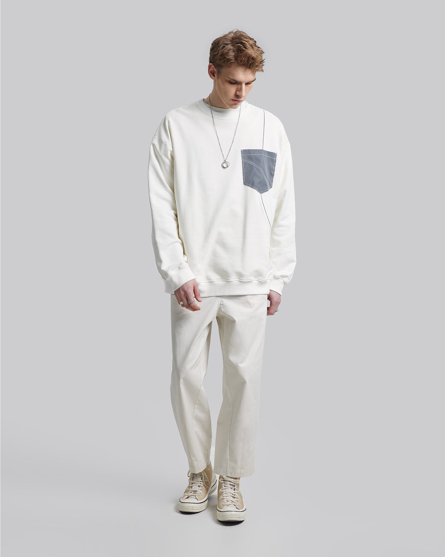 Contrast Color Crewneck Sweatshirt - Beige, L image