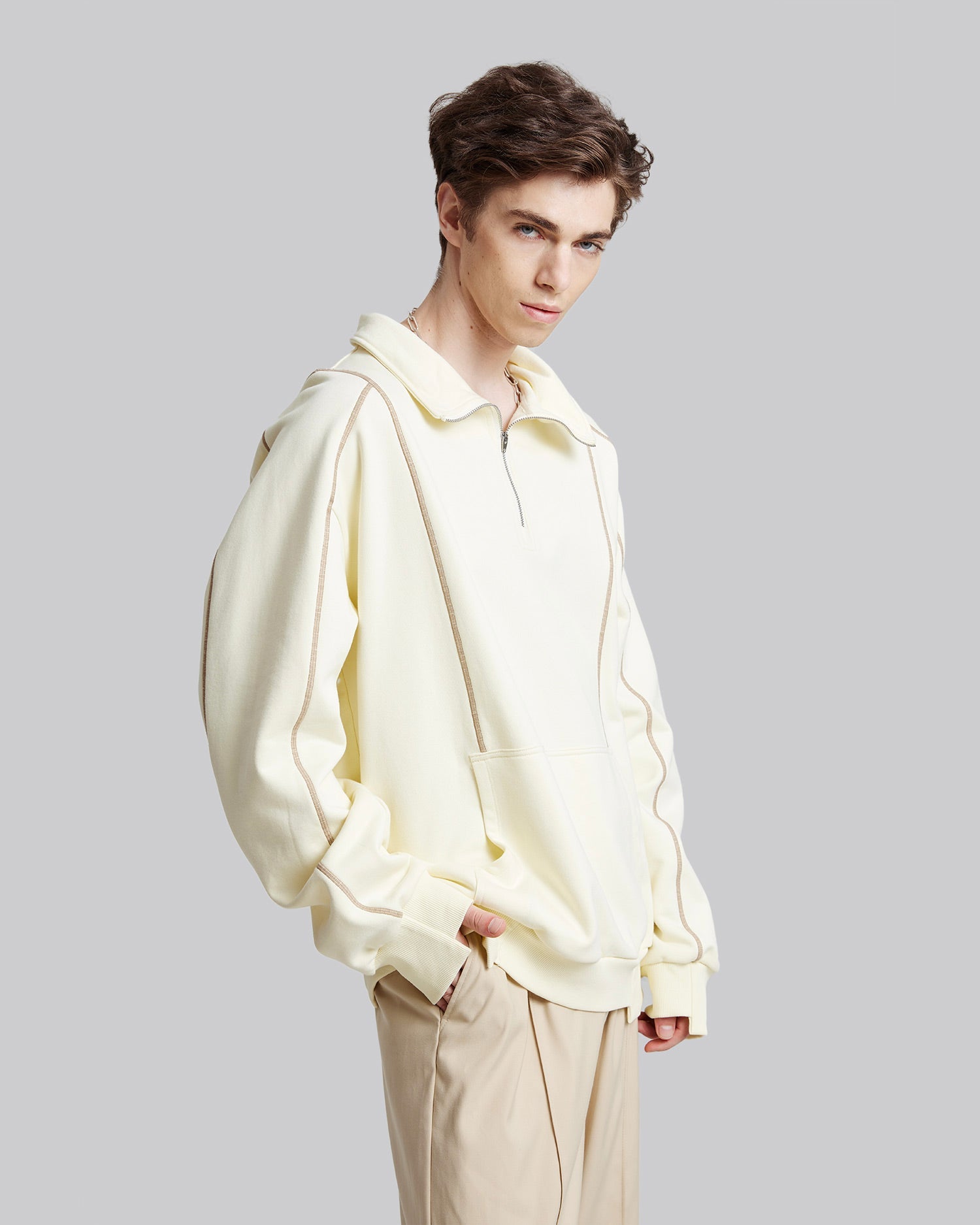 Half-Zipper Cotton Sweatshirt - Light Beige, L image