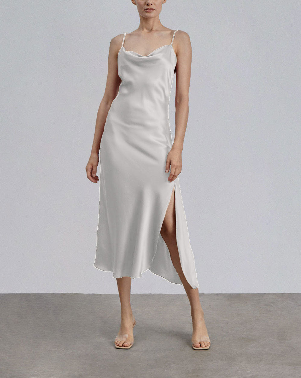 Spaghetti Strap Bias Cut Silk Dress - Silver-White, XXS image