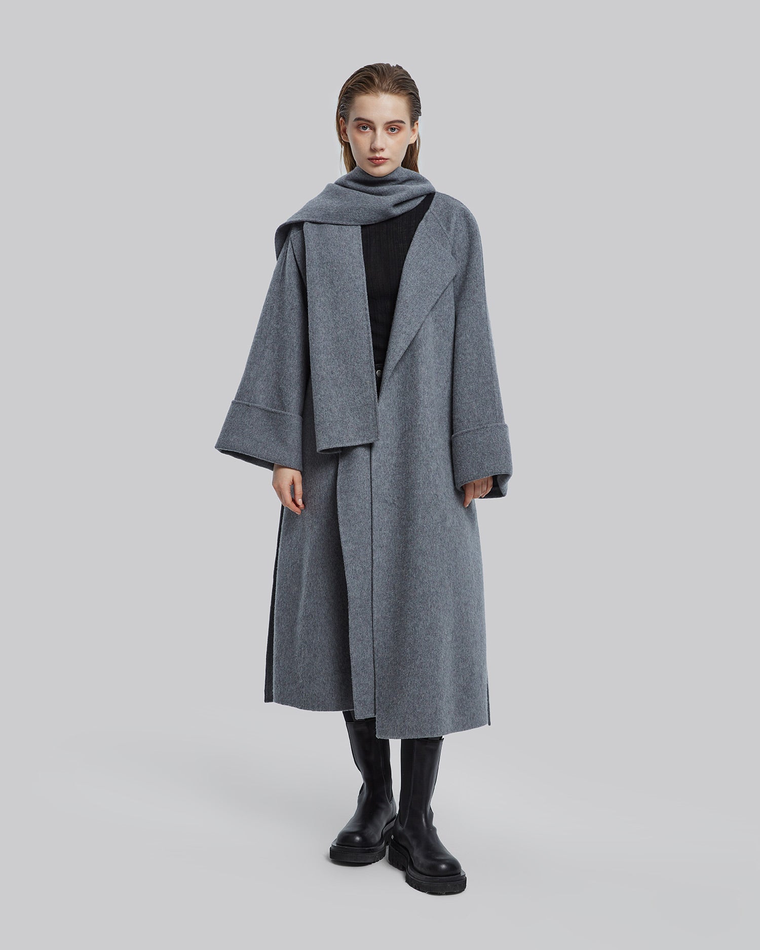 Wide Sleeves Cashmere Wrap Coat - Grey, S image