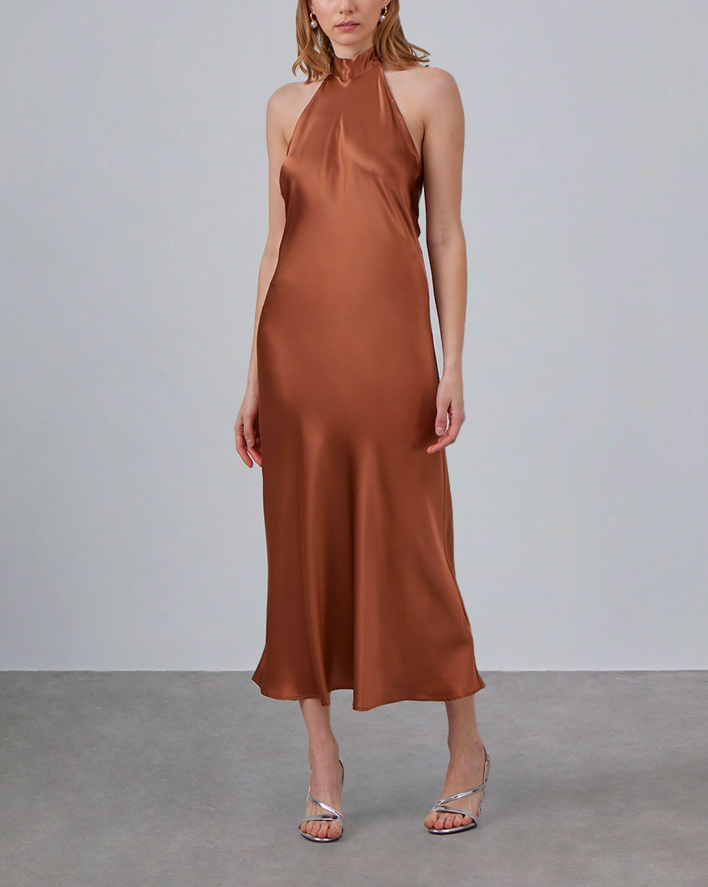 Halterneck Silk Maxi Dress - Copper, L image