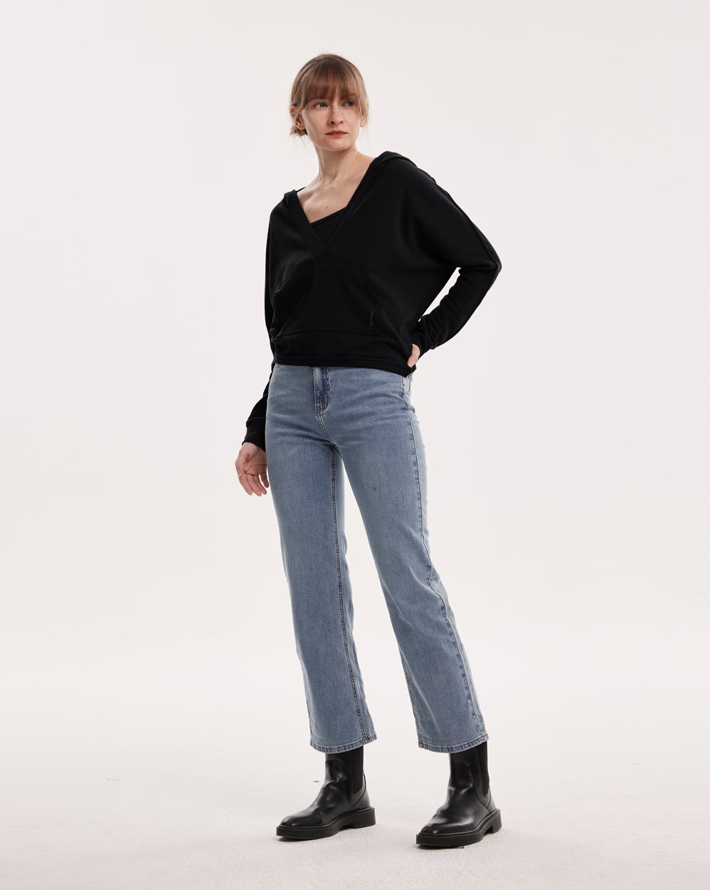 V-Neck Plain Hoodie - Black, XL image