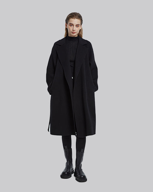 Long Notched Lapel Wrap Coat - Black, S image