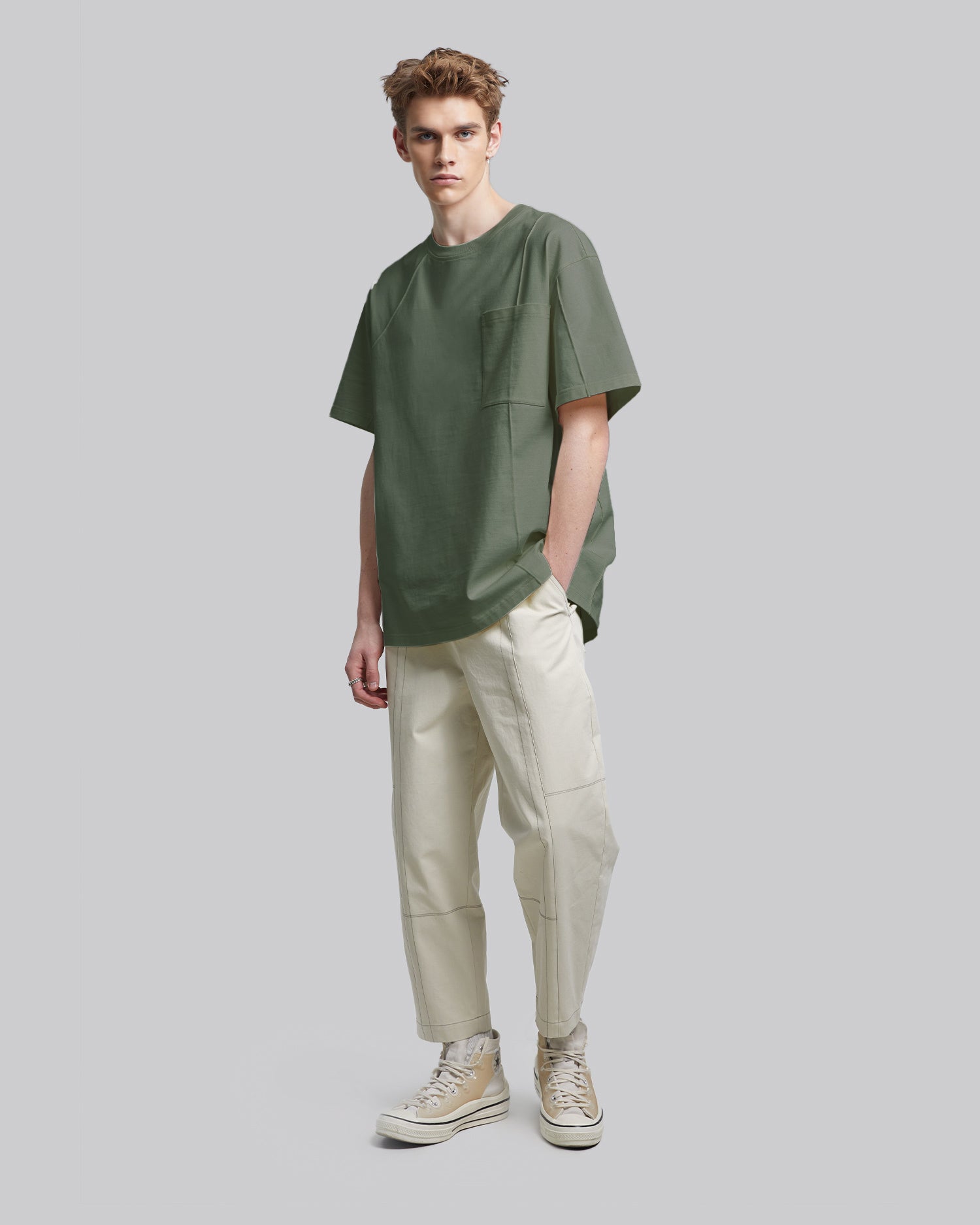 Patch Pocket Cotton T-Shirt - Olive Green, M image