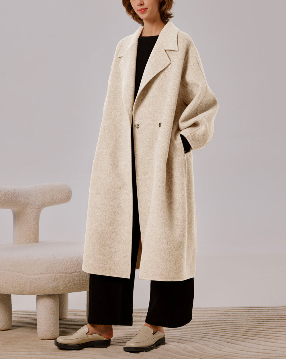 Oversized Camel Blend Coat - Ivory, L image