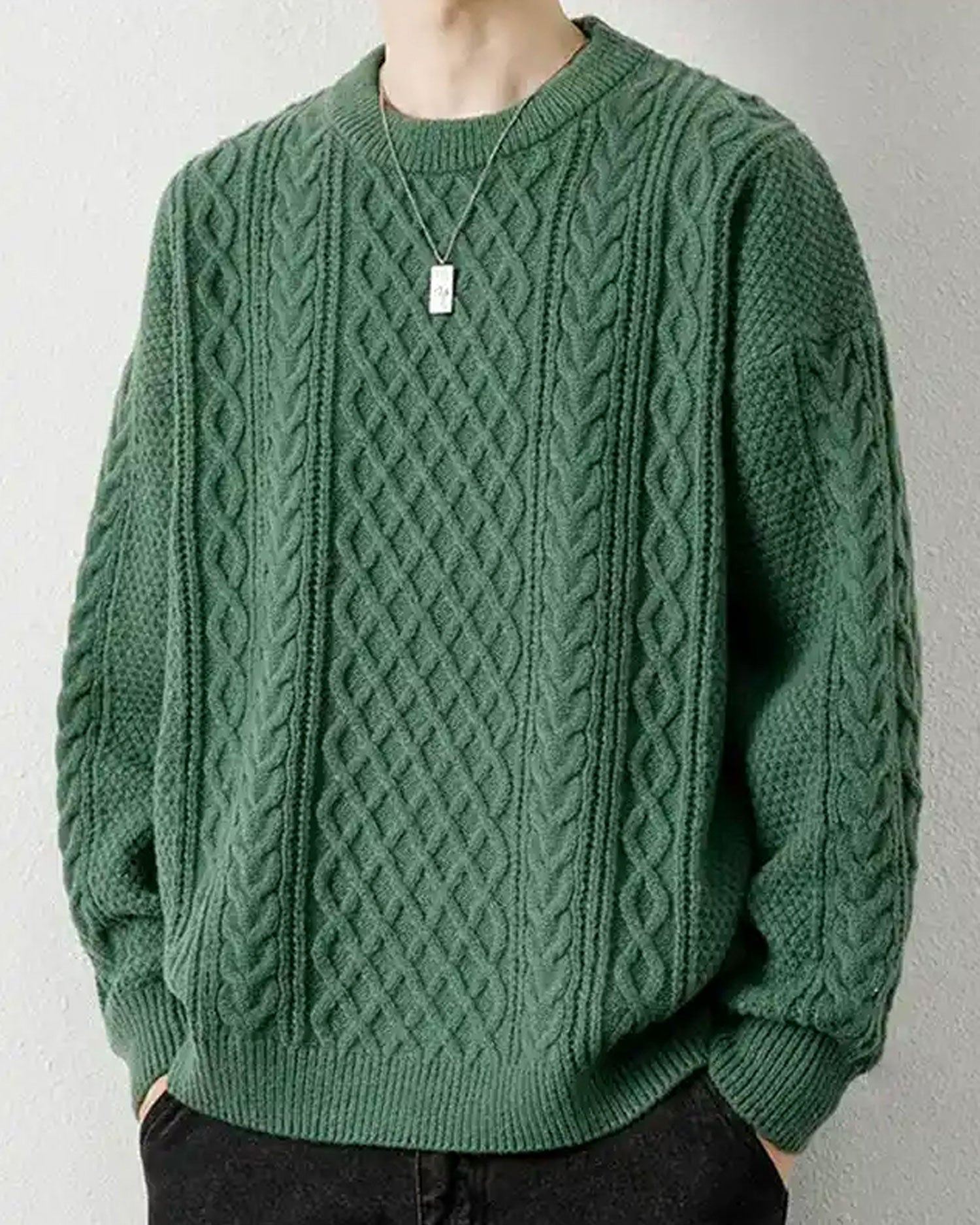 Crewneck Cable-Knit Jumper - ForestGreen, L image