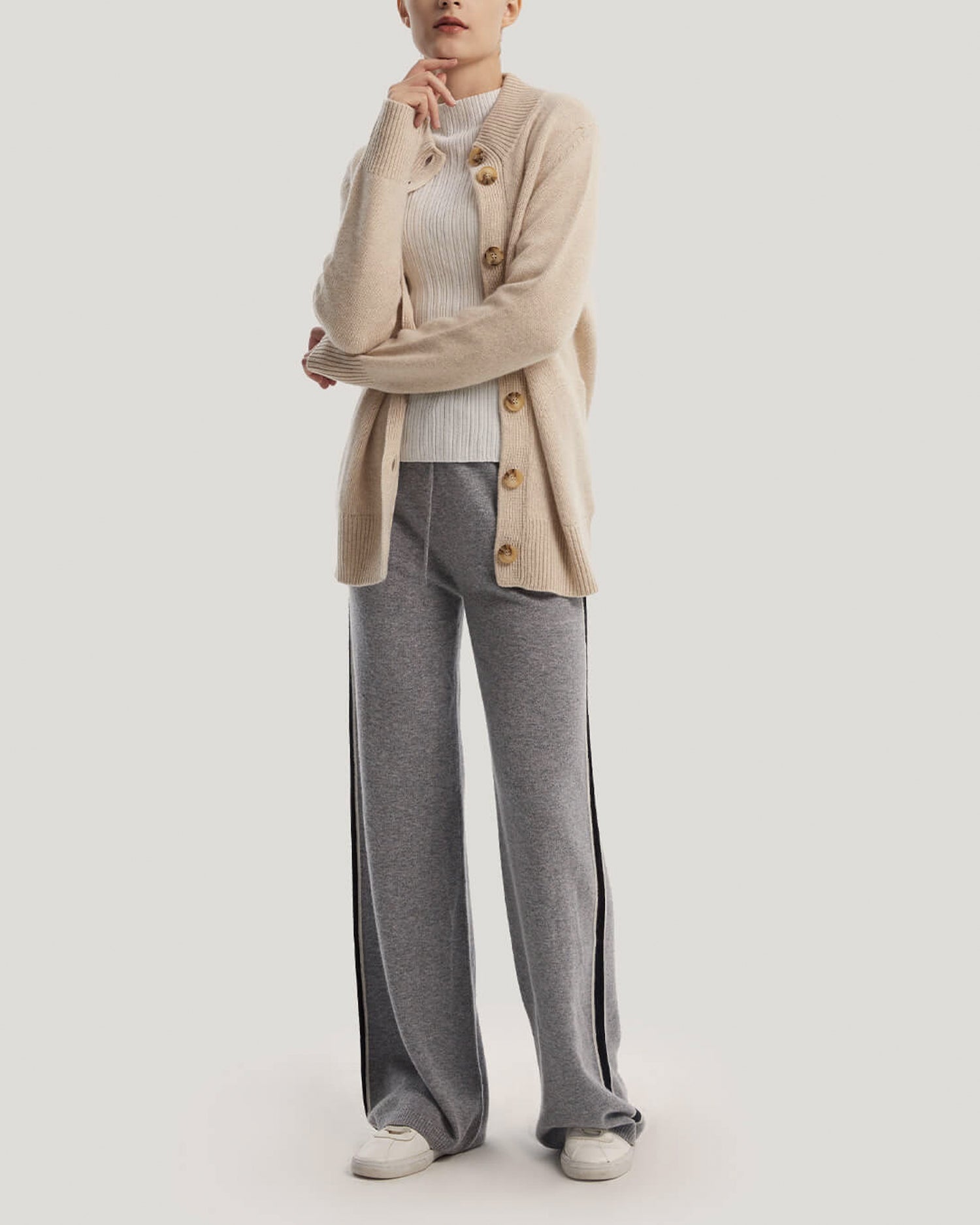Button Front Wool-Yak Cardigan - Light Beige, M image