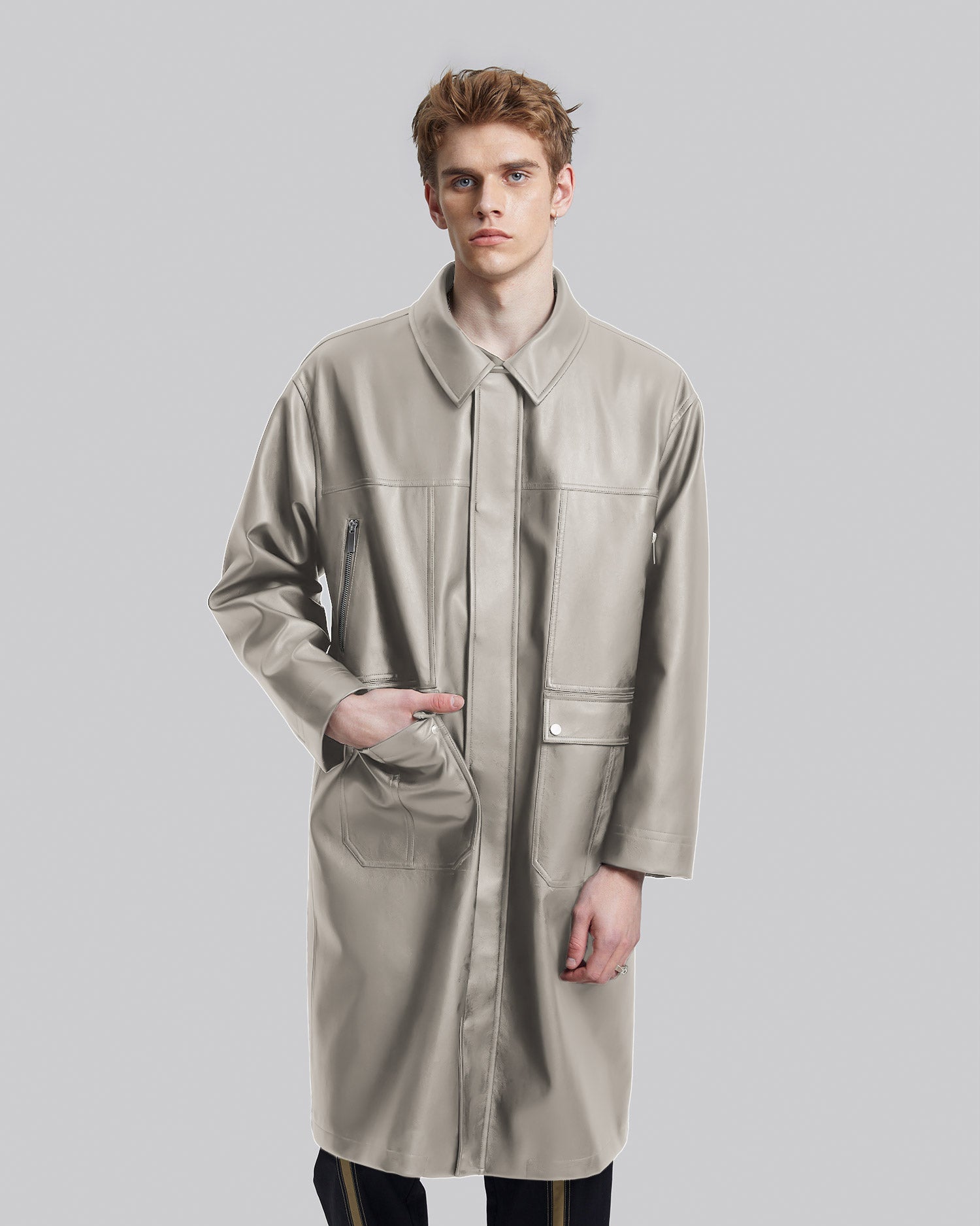 Multi-Pocket Leather-Like Long Coat image 2