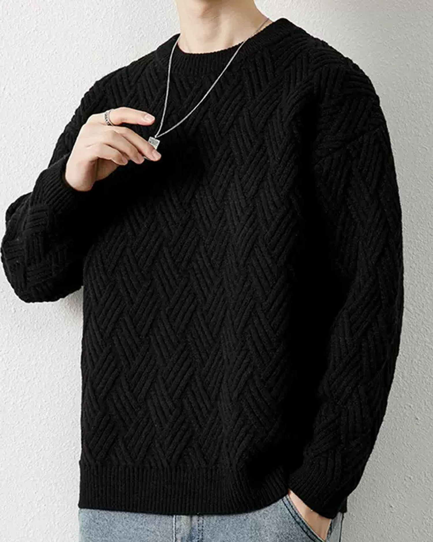 Crewneck Cable-Knit Jumper - Midnight Black, XXL image
