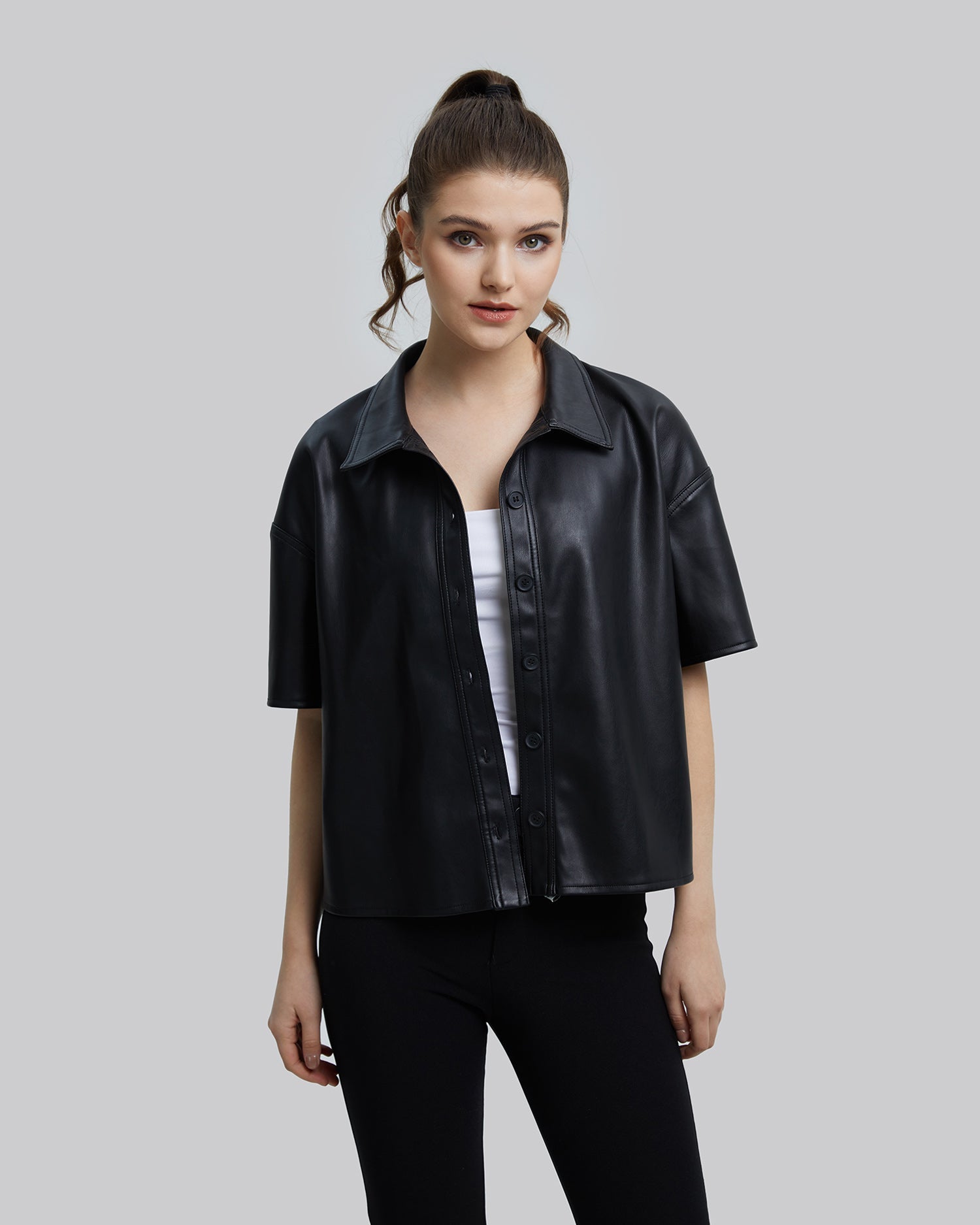 Faux-Leather Short-Sleeve Shirt image 2