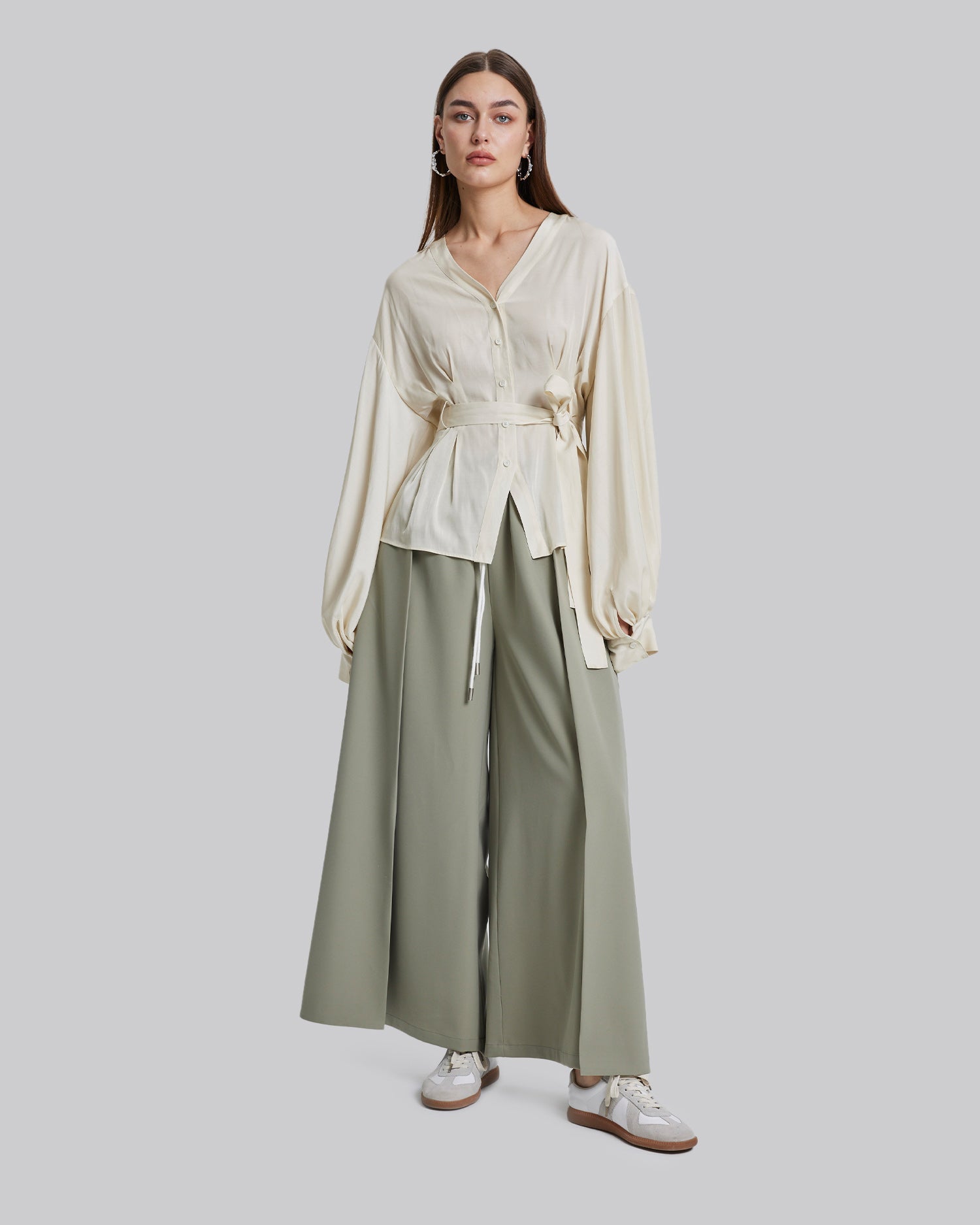 Wide Leg Pleated Pants - Tan, S image