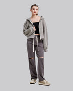 Graphic Print Zipped Hoodie - Gray, S image