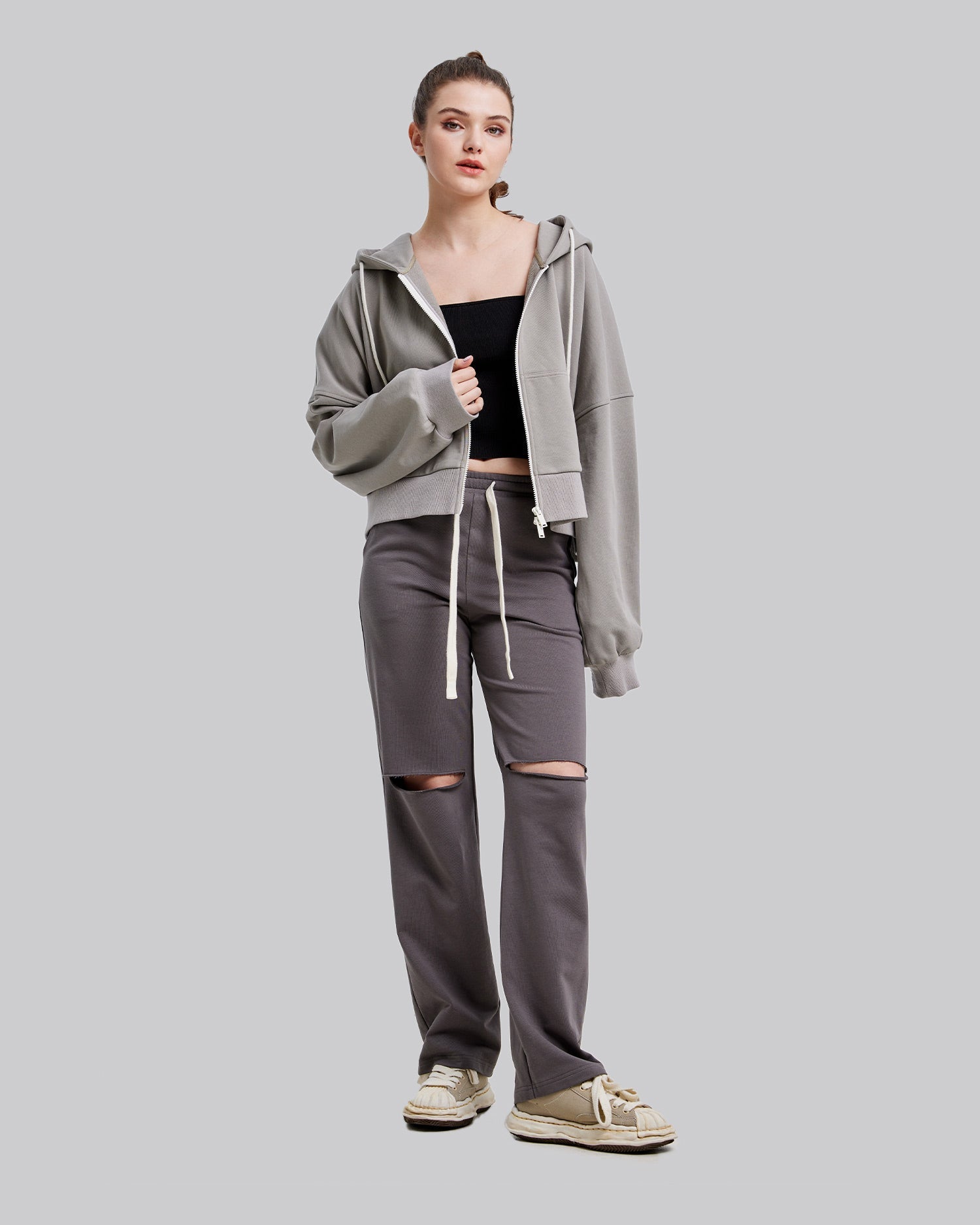 Graphic Print Zipped Hoodie - Gray, S image