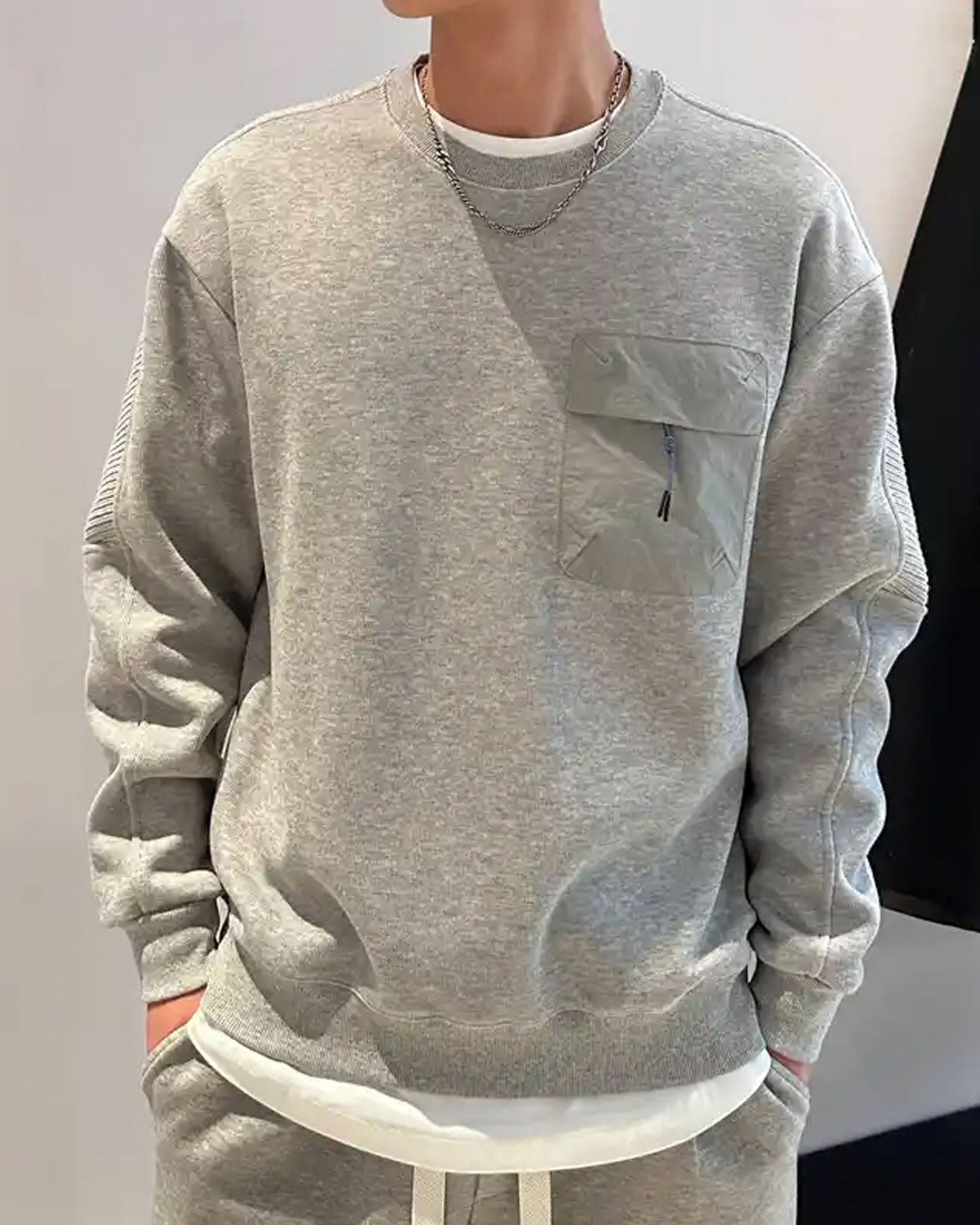Chest Pocket Patchwork Sweatshirt - Light Grey, XXL image