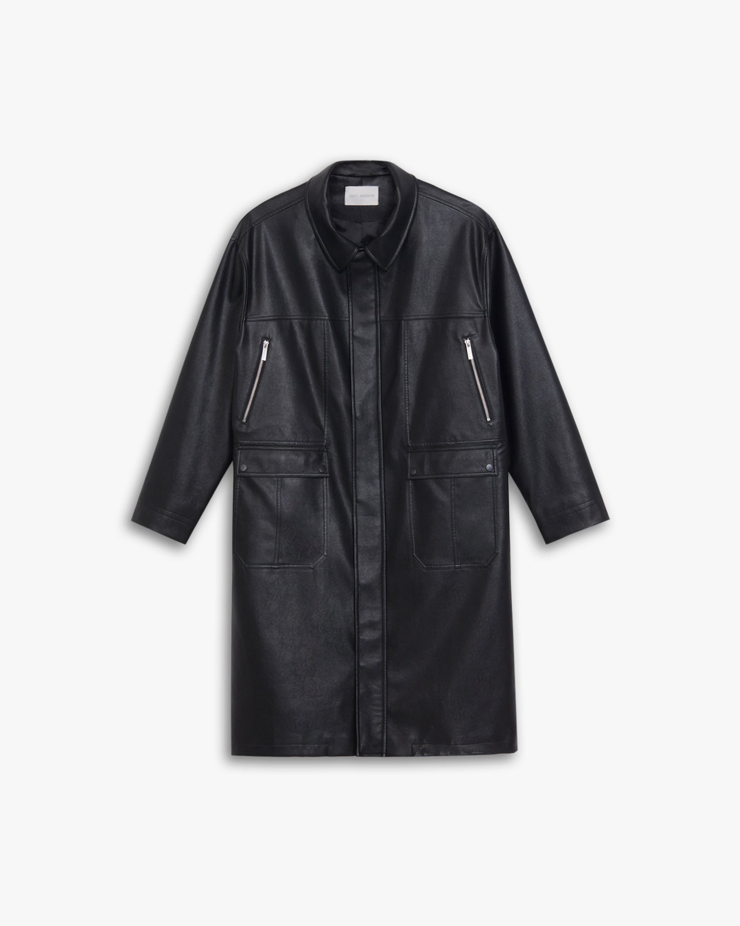 Multi-Pocket Leather-Like Long Coat - Black, S image