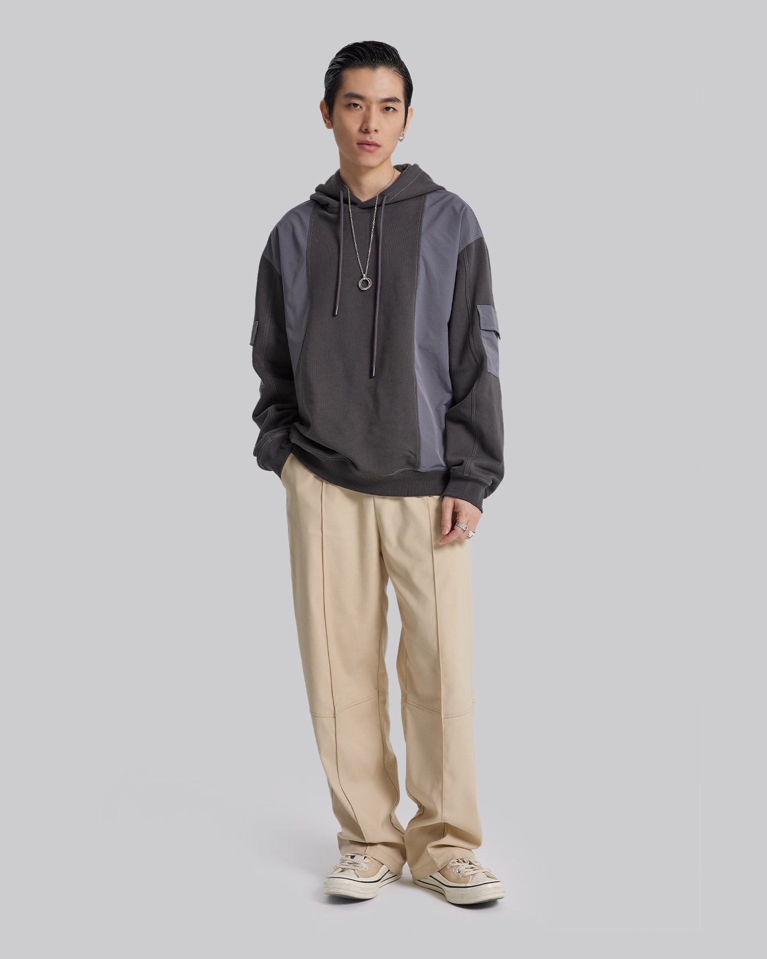 Arm-Pockets Paneled Hoodie - Gray, S image