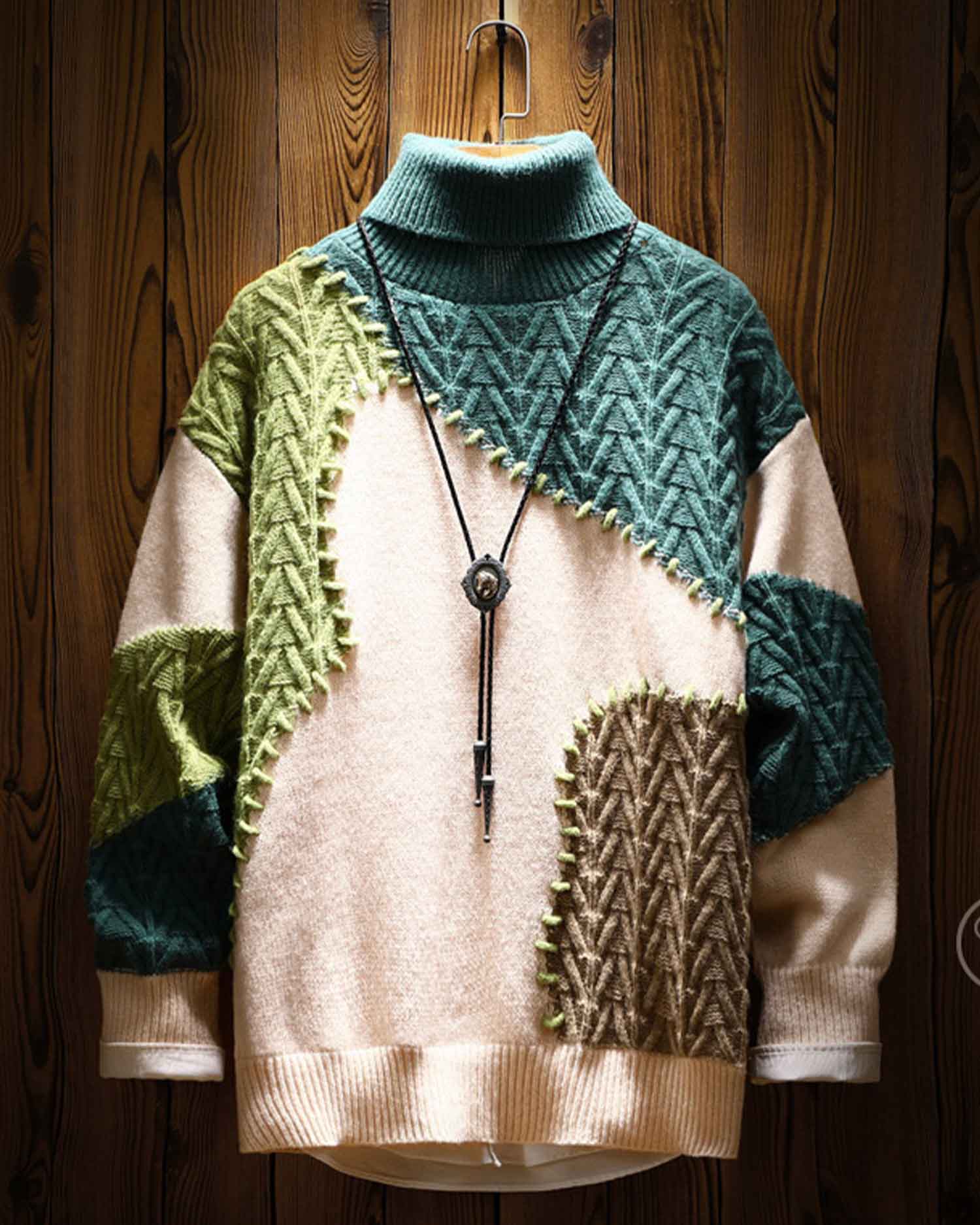 Vintage Patchwork Knit Jumper - Beige, S image