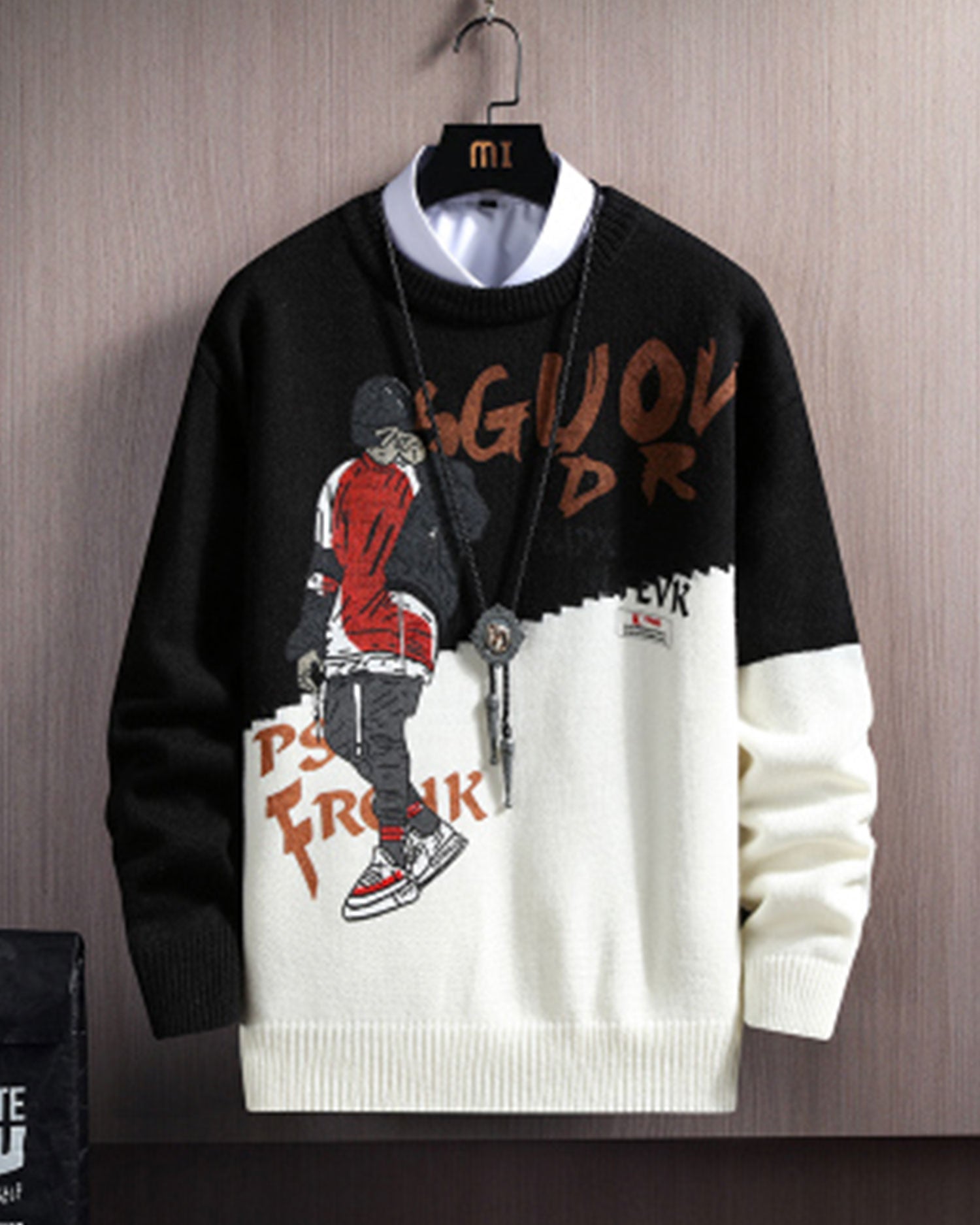Printed Colorblock Knit Jumper - Black, XXL image