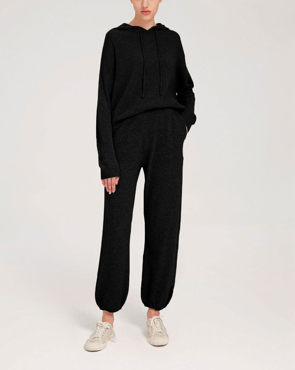 Fine-Knit 100% Wool Hoodie Set - Black, M image