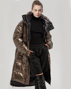 Long Puffer Jacket with Adjustable Waistline - Coffee, S image