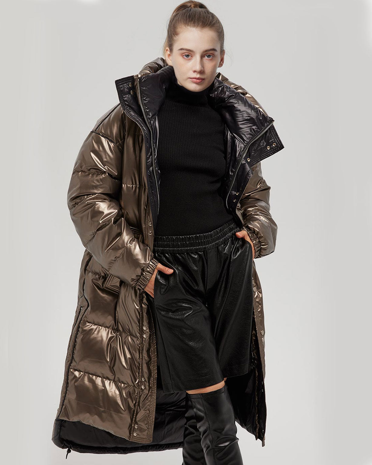 Long Puffer Jacket with Adjustable Waistline - Coffee, S image