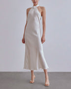 Halterneck Silk Maxi Dress - Pearl-white, M image