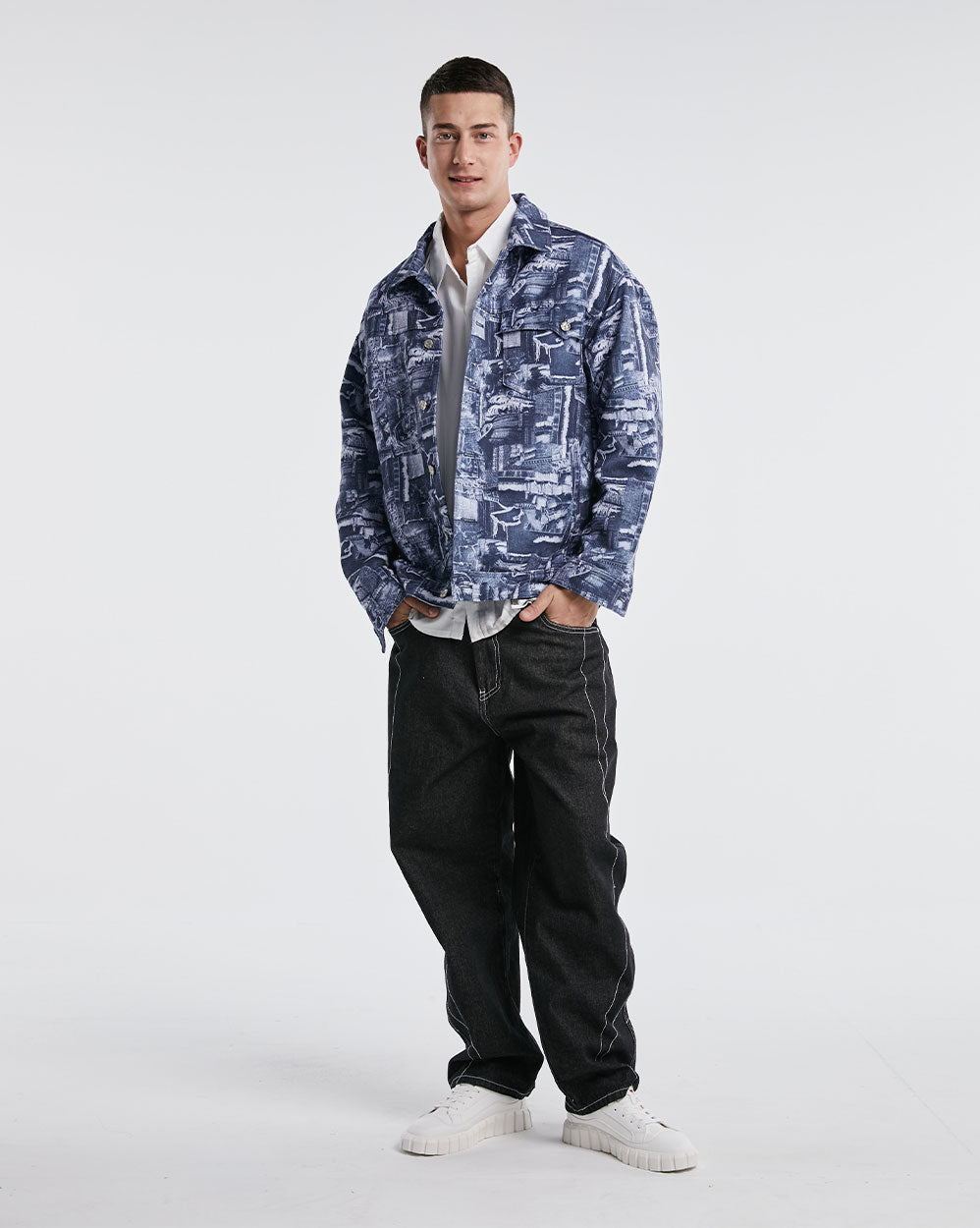 Stylish Printed Denim Jacket - Blue, M image
