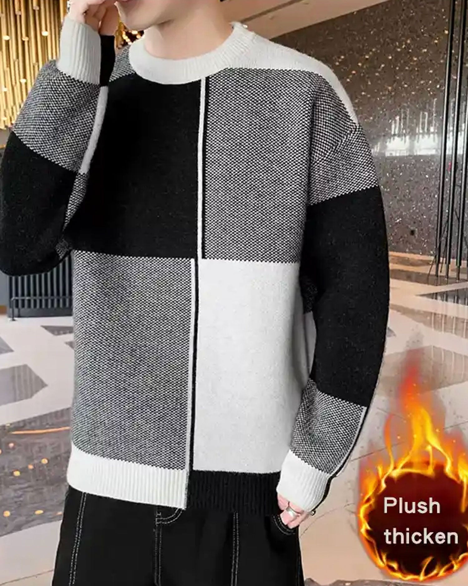 Knitted Colorblock Crew Jumper - Black, XXL image