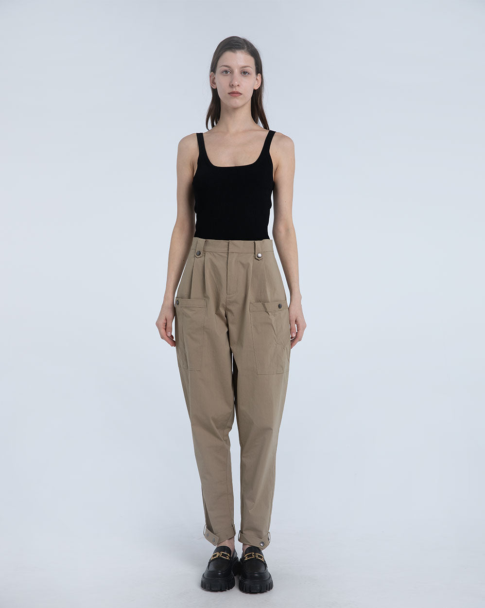 Patch Pocket Ankle Strap Tapered Pants - Khaki, L image